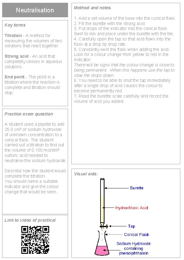 Neutralisation Key terms Titration - A method for measuring the volumes of two solutions