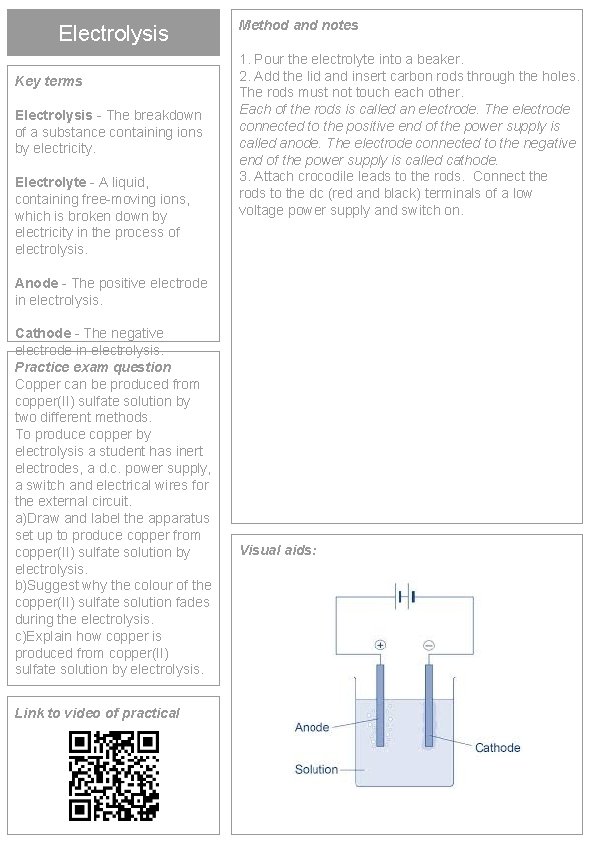 Electrolysis Key terms Electrolysis - The breakdown of a substance containing ions by electricity.