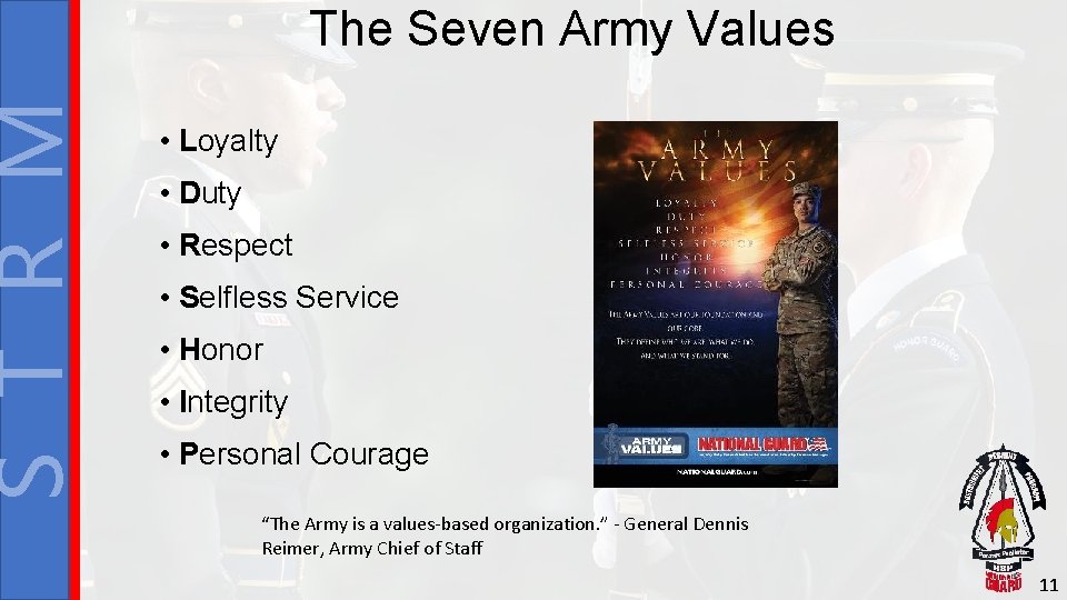 S T R M The Seven Army Values • Loyalty • Duty • Respect