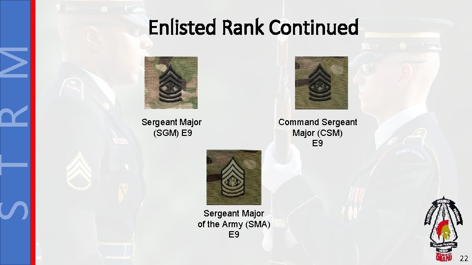 S T R M Enlisted Rank Continued Sergeant Major (SGM) E 9 Command Sergeant