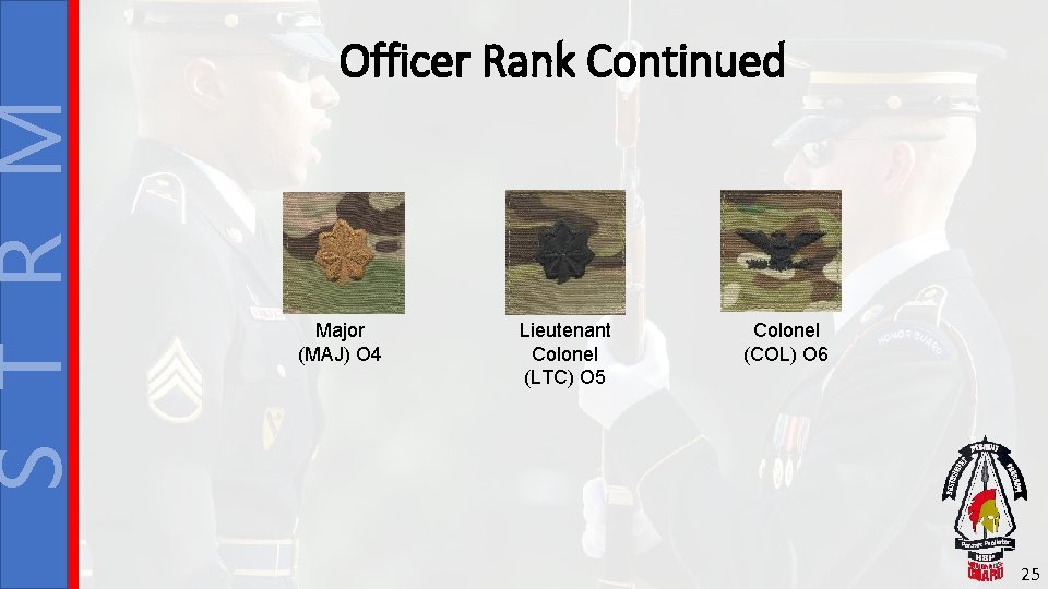 S T R M Officer Rank Continued Major (MAJ) O 4 Lieutenant Colonel (LTC)