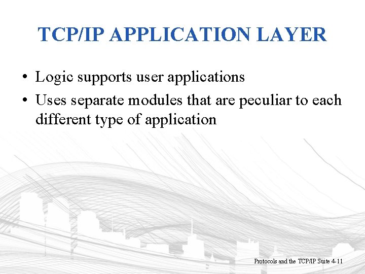 TCP/IP APPLICATION LAYER • Logic supports user applications • Uses separate modules that are