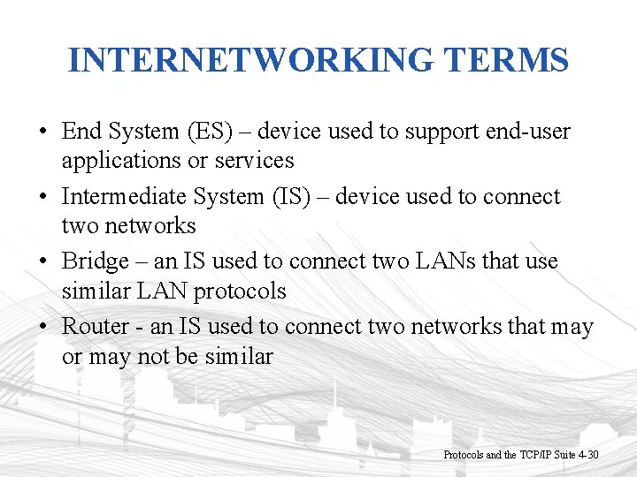 INTERNETWORKING TERMS • End System (ES) – device used to support end-user applications or
