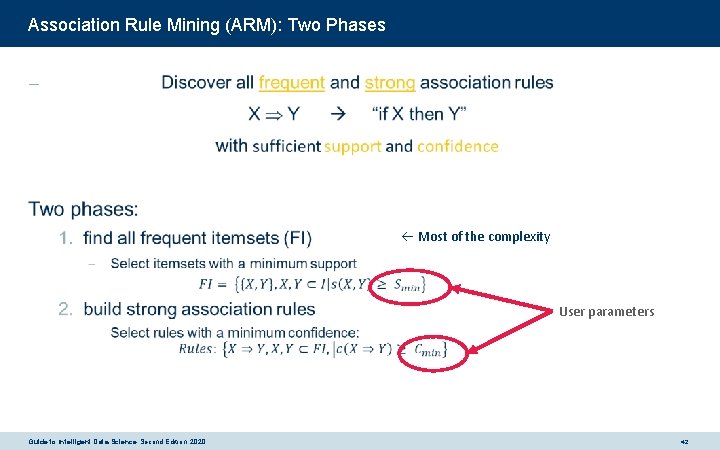 Association Rule Mining (ARM): Two Phases - Most of the complexity User parameters Guide