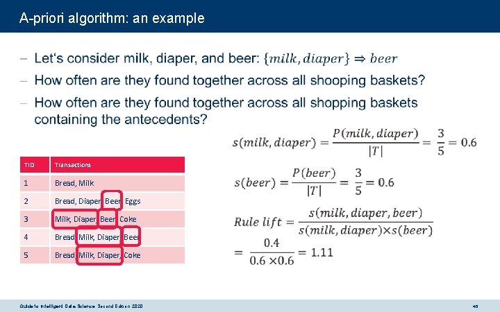 A-priori algorithm: an example - TID Transactions 1 Bread, Milk 2 Bread, Diaper, Beer,