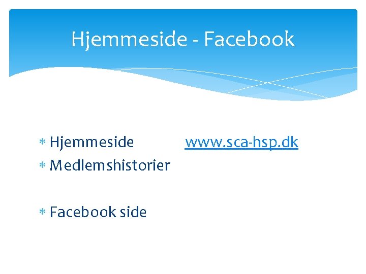 Hjemmeside - Facebook Hjemmeside www. sca-hsp. dk Medlemshistorier Facebook side 