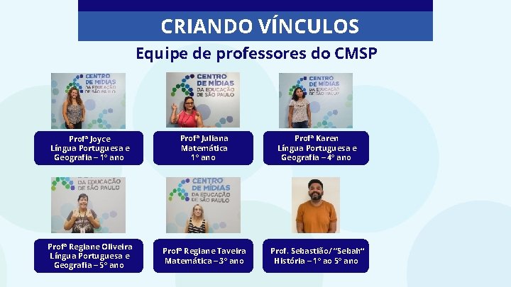 CRIANDO VÍNCULOS Equipe de professores do CMSP Profª Joyce Língua Portuguesa e Geografia –