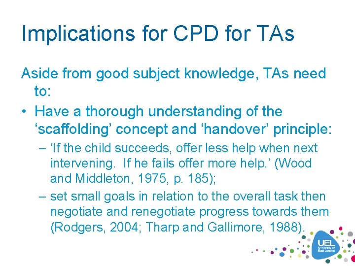 Implications for CPD for TAs Aside from good subject knowledge, TAs need to: •