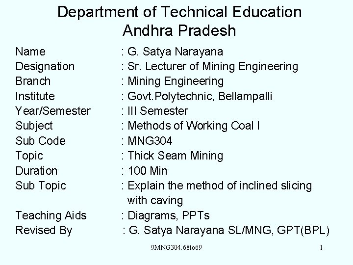 Department of Technical Education Andhra Pradesh Name Designation Branch Institute Year/Semester Subject Sub Code