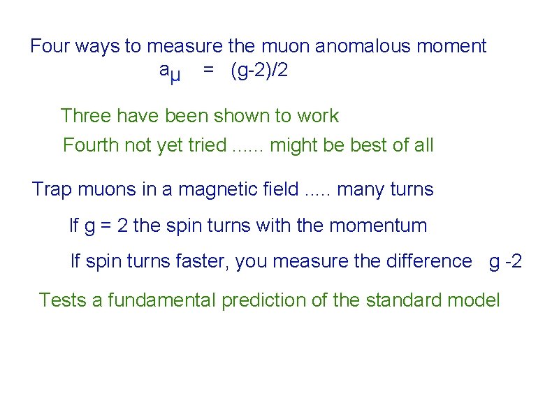 Four ways to measure the muon anomalous moment aµ = (g-2)/2 Three have been