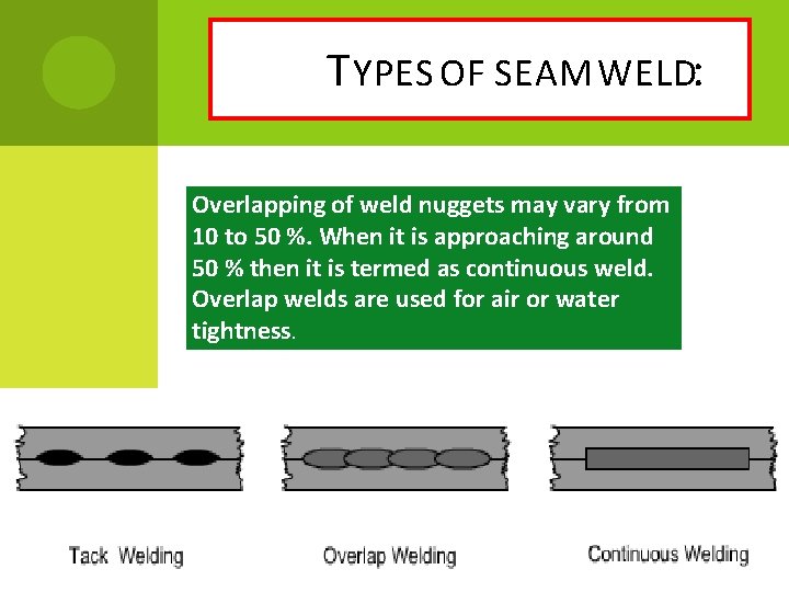 T YPES OF SEAM WELD: Overlapping of weld nuggets may vary from 10 to