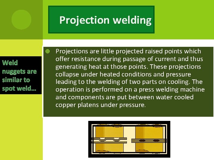 Projection welding Weld nuggets are similar to spot weld… Projections are little projected raised