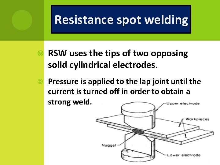 Resistance spot welding RSW uses the tips of two opposing solid cylindrical electrodes. Pressure