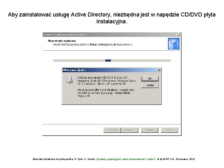 Aby zainstalować usługę Active Directory, niezbędna jest w napędzie CD/DVD płyta instalacyjna. Materiały dodatkowe