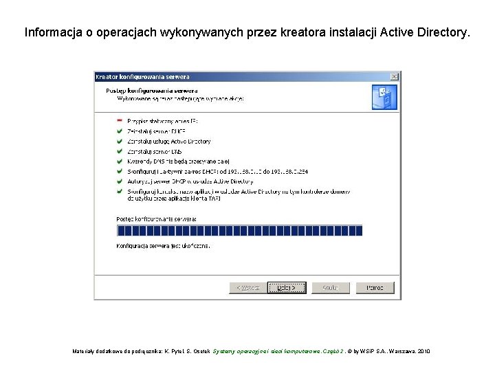 Informacja o operacjach wykonywanych przez kreatora instalacji Active Directory. Materiały dodatkowe do podręcznika: K.