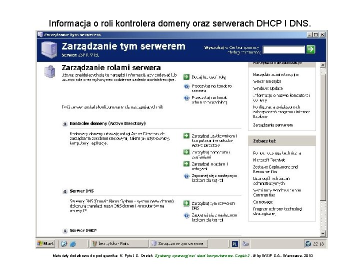 Informacja o roli kontrolera domeny oraz serwerach DHCP I DNS. Materiały dodatkowe do podręcznika: