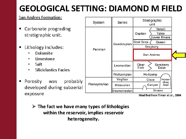 GEOLOGICAL SETTING: DIAMOND M FIELD San Andres Formation: § Carbonate prograding stratigraphic unit. §