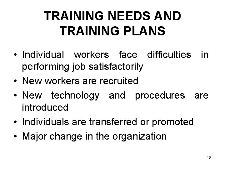 TRAINING NEEDS AND TRAINING PLANS • Individual workers face difficulties in performing job satisfactorily