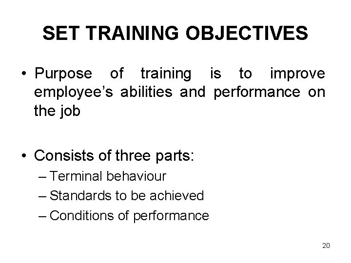 SET TRAINING OBJECTIVES • Purpose of training is to improve employee’s abilities and performance