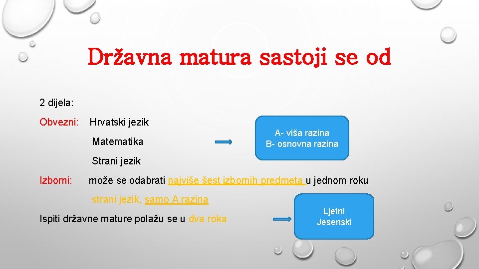 Državna matura sastoji se od 2 dijela: Obvezni: Hrvatski jezik Matematika A- viša razina