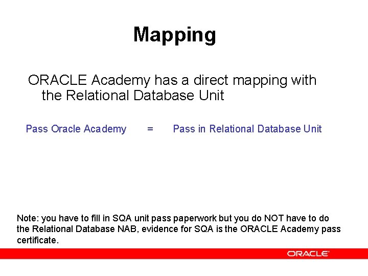 Mapping ORACLE Academy has a direct mapping with the Relational Database Unit Pass Oracle
