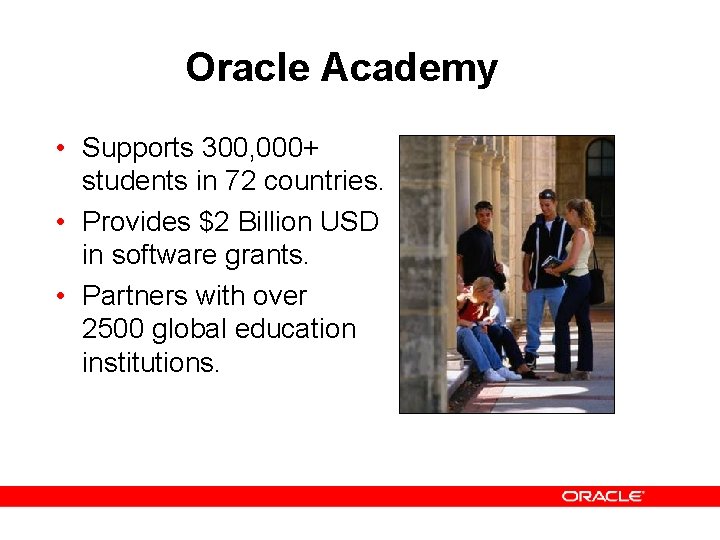 Oracle Academy • Supports 300, 000+ students in 72 countries. • Provides $2 Billion