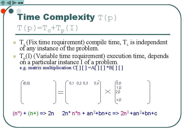 結束 Time Complexity T(p)=Tc+Tp(I) l l Tc (Fix time requirement) compile time, Tc is