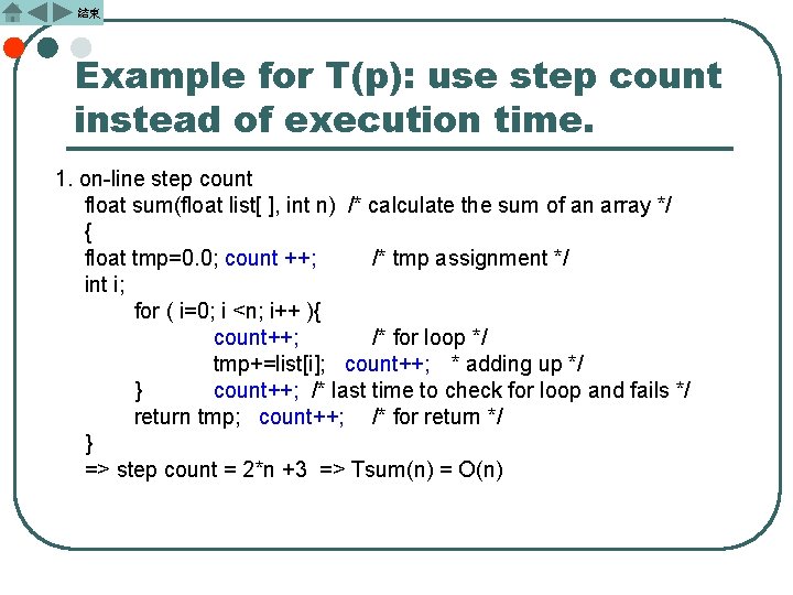 結束 Example for T(p): use step count instead of execution time. 1. on-line step