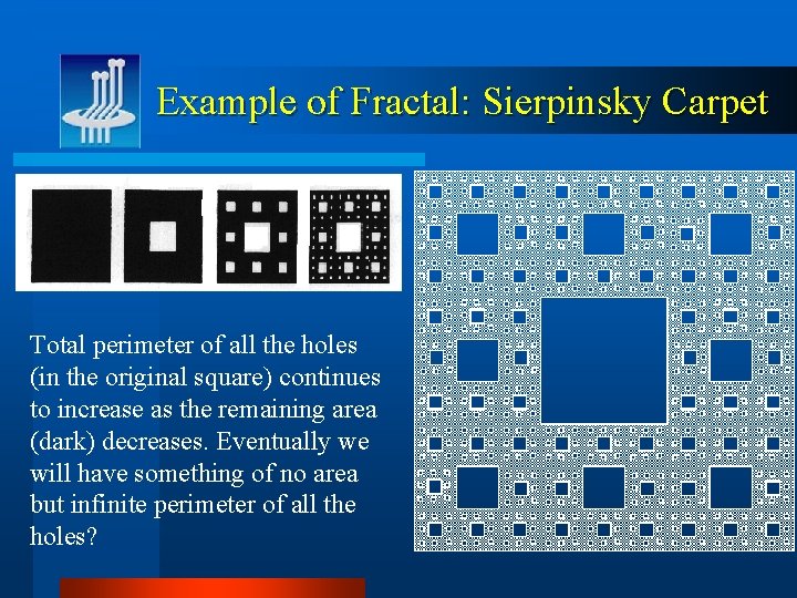 Example of Fractal: Sierpinsky Carpet Total perimeter of all the holes (in the original