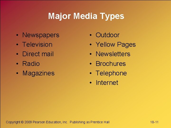 Major Media Types • • • Newspapers Television Direct mail Radio Magazines • •