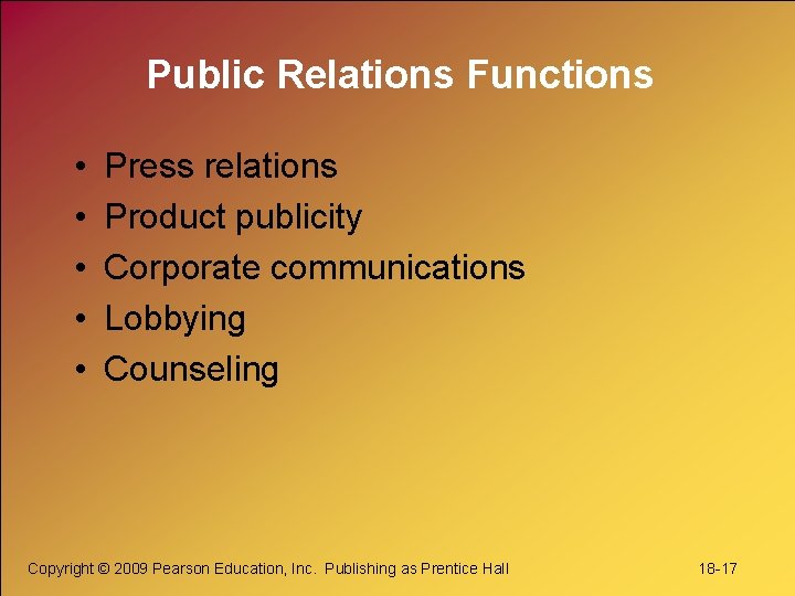Public Relations Functions • • • Press relations Product publicity Corporate communications Lobbying Counseling