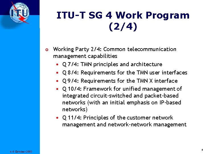 ITU-T SG 4 Work Program (2/4) o Working Party 2/4: Common telecommunication management capabilities