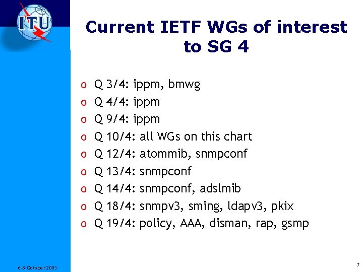 Current IETF WGs of interest to SG 4 o Q 3/4: ippm, bmwg o