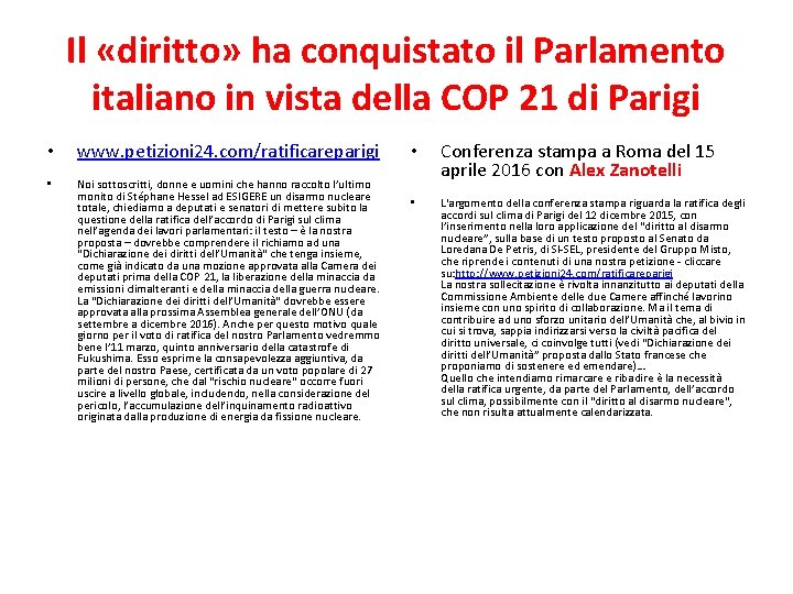 Il «diritto» ha conquistato il Parlamento italiano in vista della COP 21 di Parigi