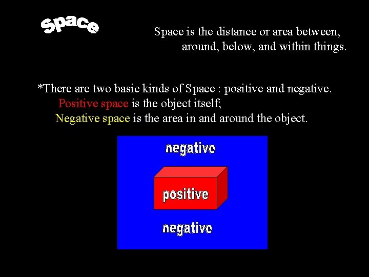 Space is the distance or area between, around, below, and withings. *There are two