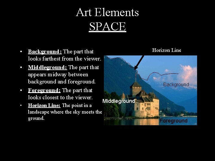Art Elements SPACE • Background: The part that looks farthest from the viewer. •