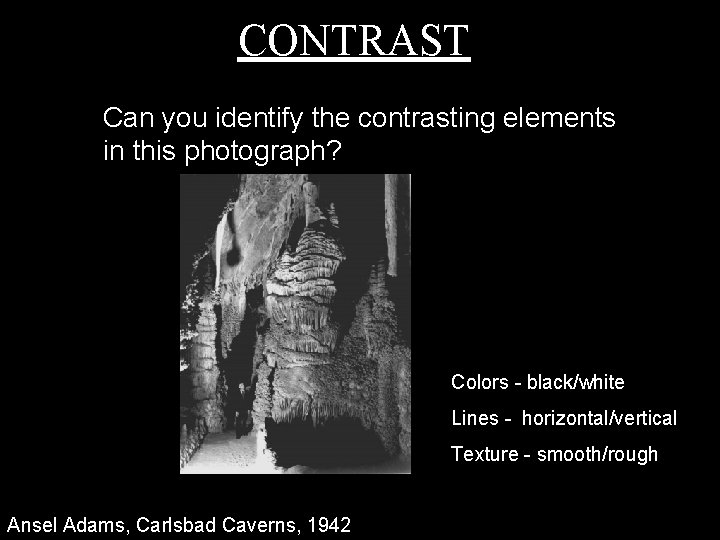 CONTRAST Can you identify the contrasting elements in this photograph? eye. Colors - black/white