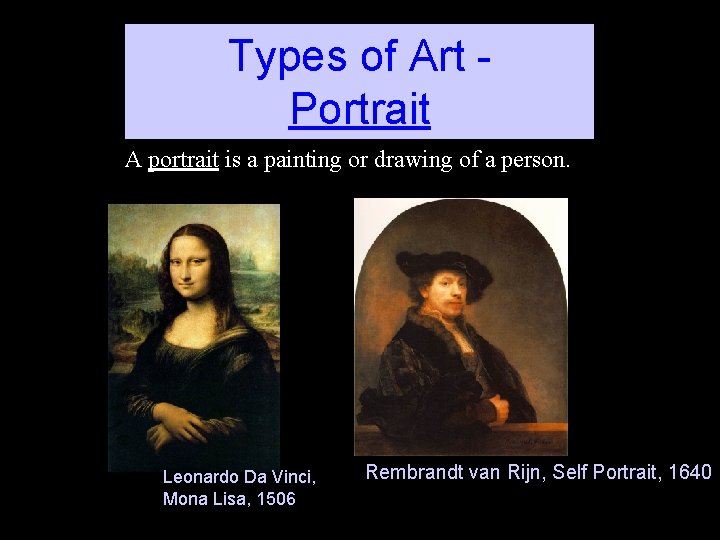 Types of Art Portrait A portrait is a painting or drawing of a person.