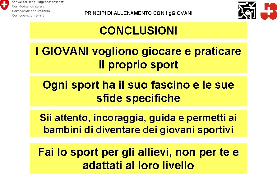 PRINCIPI DI ALLENAMENTO CON I g. GIOVANI CONCLUSIONI I GIOVANI vogliono giocare e praticare