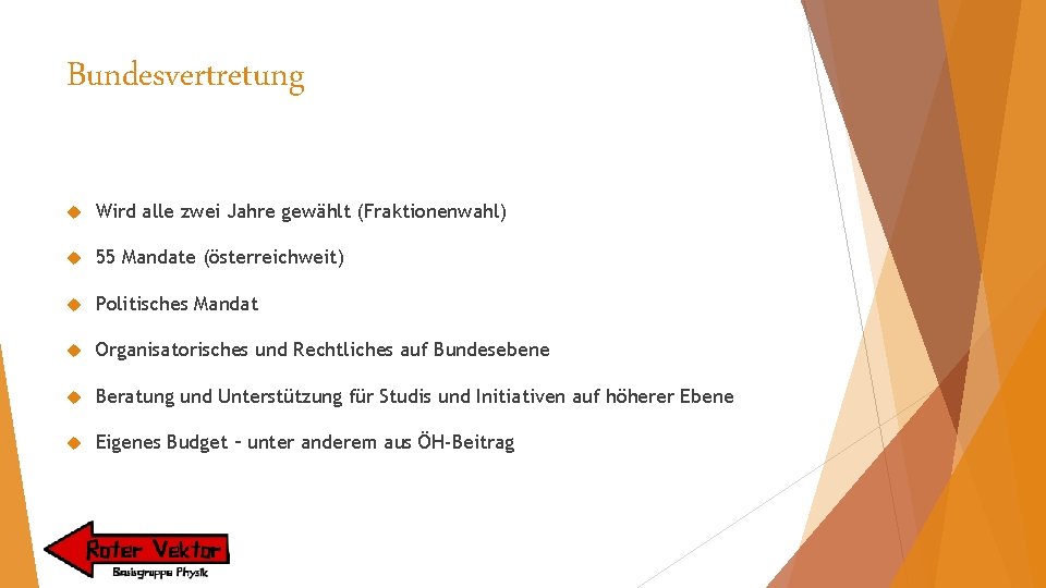 Bundesvertretung Wird alle zwei Jahre gewählt (Fraktionenwahl) 55 Mandate (österreichweit) Politisches Mandat Organisatorisches und
