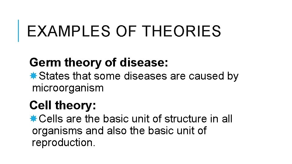 EXAMPLES OF THEORIES Germ theory of disease: States that some diseases are caused by