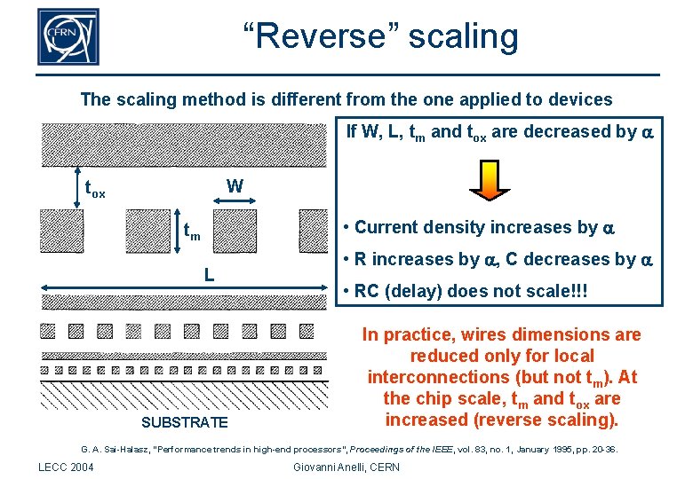 “Reverse” scaling The scaling method is different from the one applied to devices If