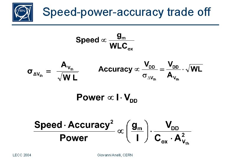 Speed-power-accuracy trade off LECC 2004 Giovanni Anelli, CERN 