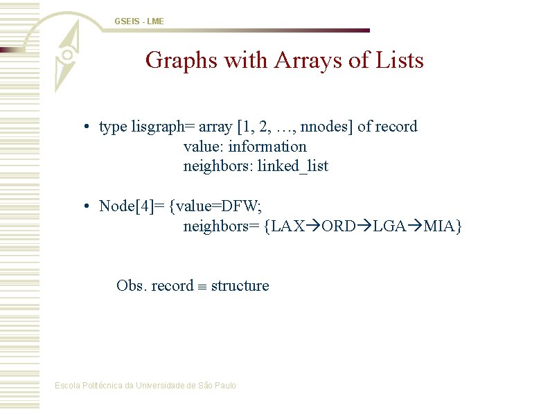 GSEIS - LME Graphs with Arrays of Lists • type lisgraph= array [1, 2,