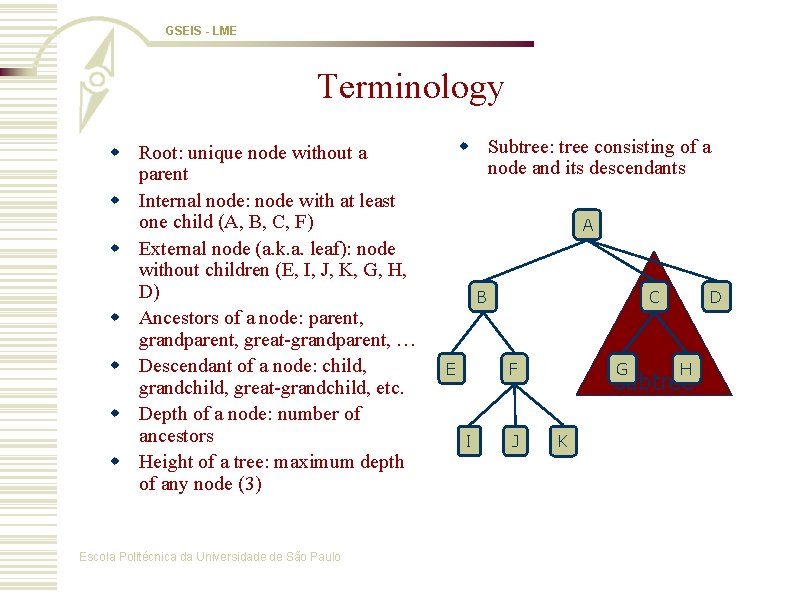 GSEIS - LME Terminology w Root: unique node without a parent w Internal node: