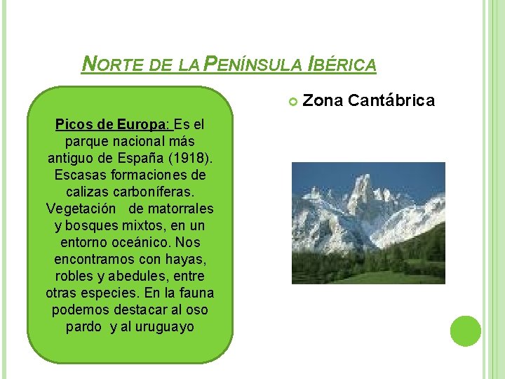 NORTE DE LA PENÍNSULA IBÉRICA Picos de Europa: Es el parque nacional más antiguo