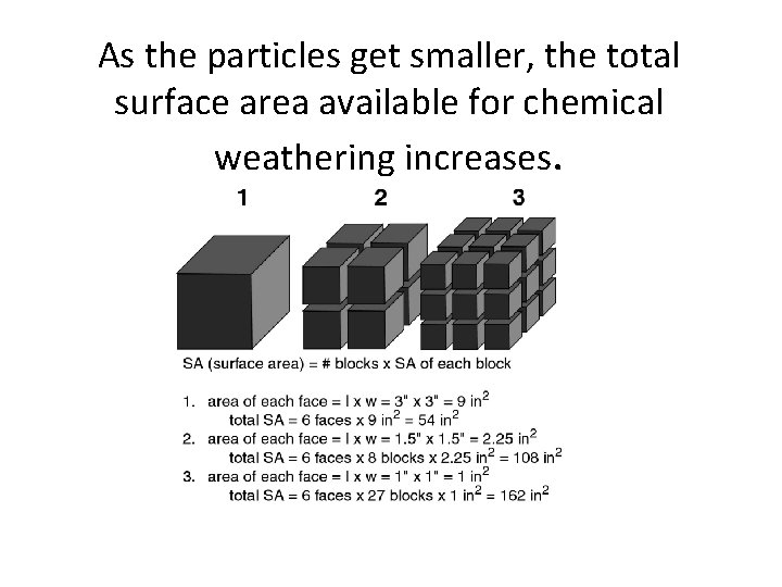 As the particles get smaller, the total surface area available for chemical weathering increases. As the particles get smaller, the total surface area available for chemical weathering increases.