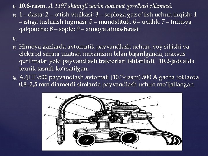  10. 6 -rаsm. А-1197 shlаngli yarim аvtоmаt gоrеlkаsi chizmаsi: 1 – dаstа; 2