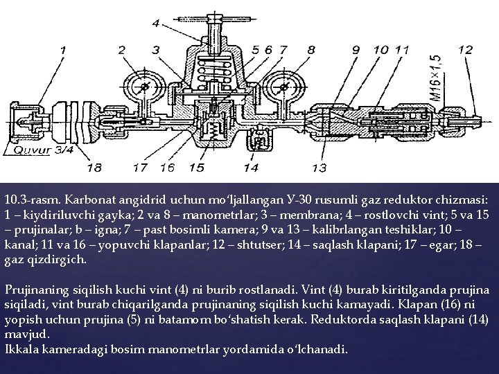 10. 3‑rаsm. Kаrbоnаt аngidrid uchun mo‘ljаllаngаn У‑ 30 rusumli gаz rеduktоr chizmаsi: 1 –