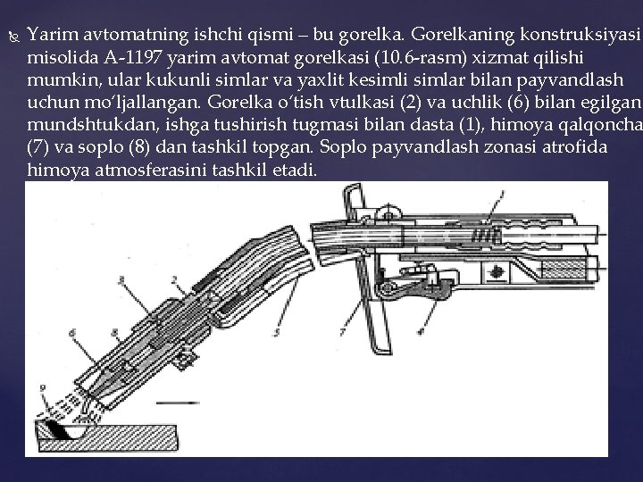  Yarim аvtоmаtning ishchi qismi – bu gоrеlkа. Gоrеlkаning kоnstruksiyasi misоlida А‑ 1197 yarim
